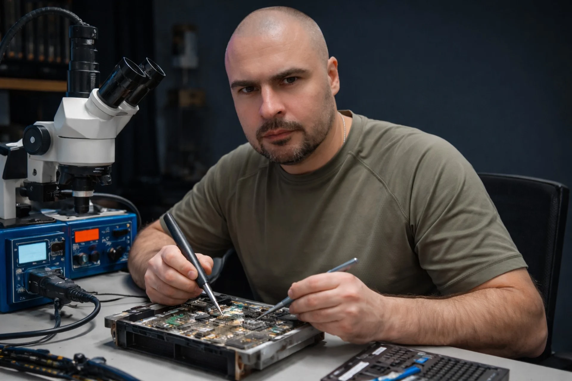 Auto electrics technician working on diagnostics