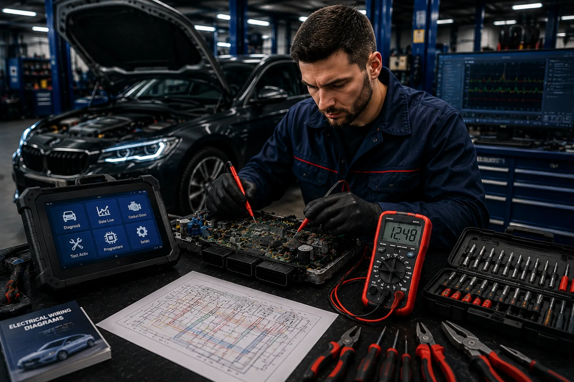 Auto electrician modern realizând diagnoză și verificări electronice într-un atelier profesional