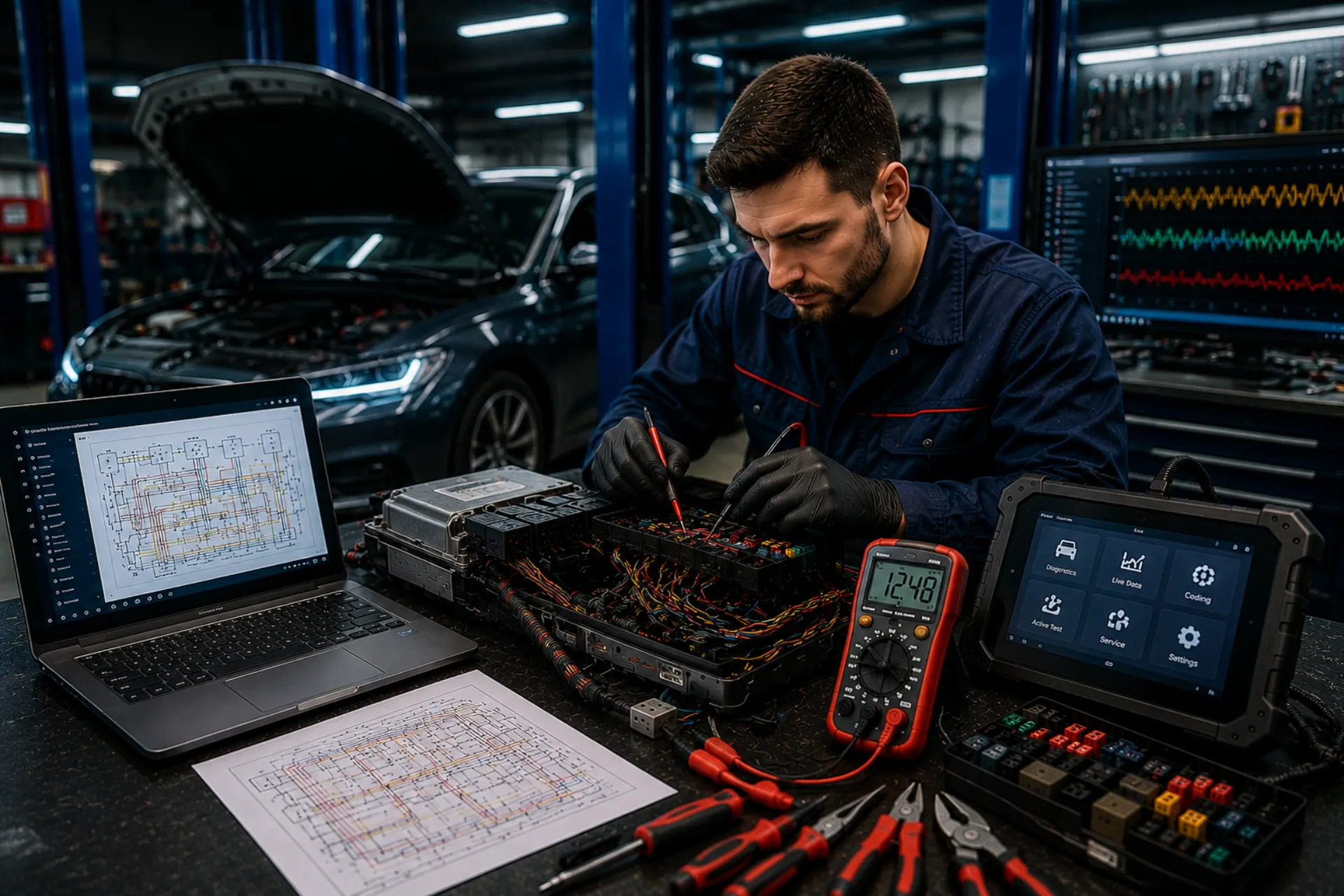Tehnician auto analizând sisteme electrice și diagnoză electronică modernă