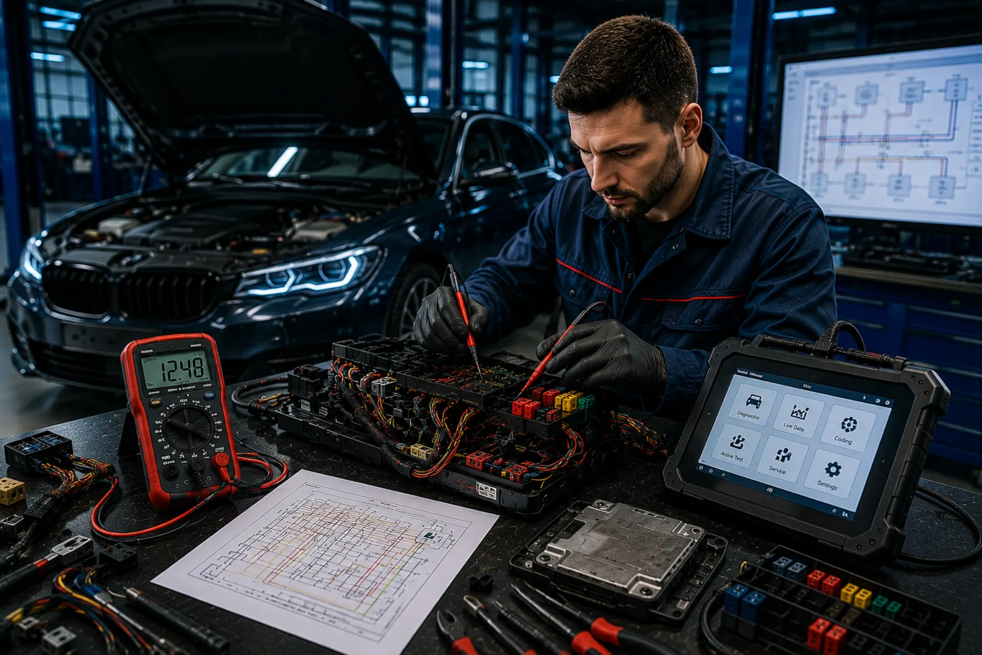 Auto electrician modern lucrând cu echipamente de diagnoză și sisteme electronice